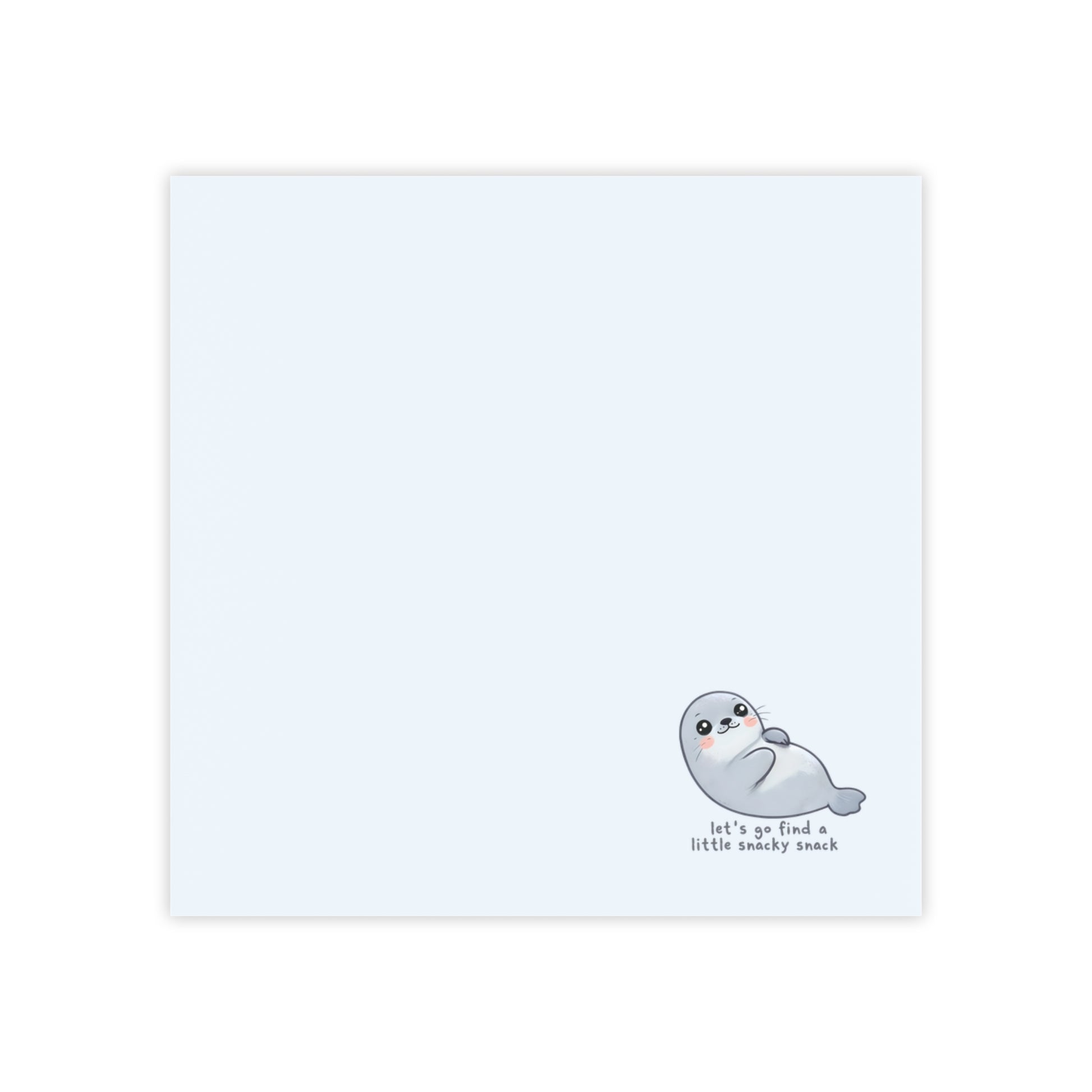 Note card with a seal illustration and text on a white background