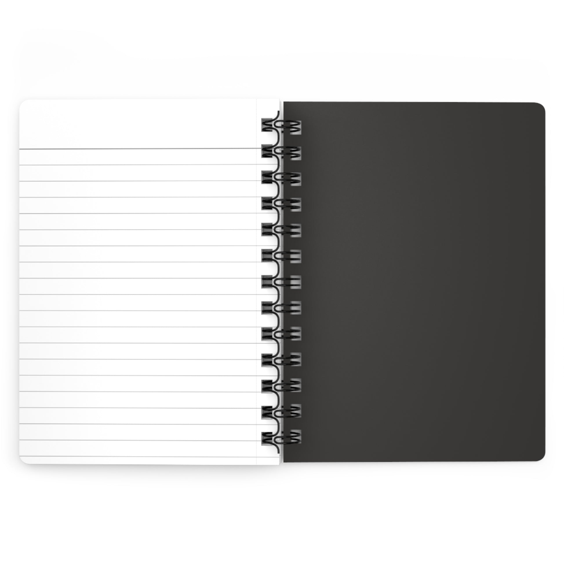 Black spiral-bound notebook with white lined pages on a white background