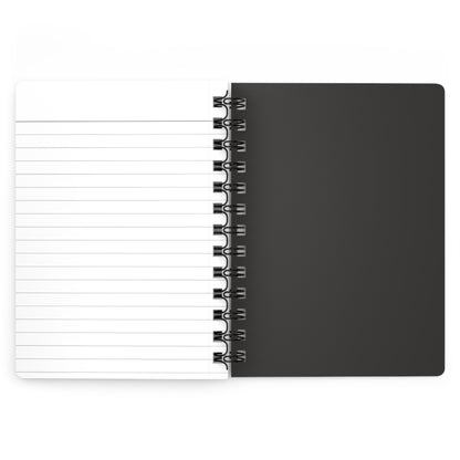 Black spiral-bound notebook with white lined pages on a white background