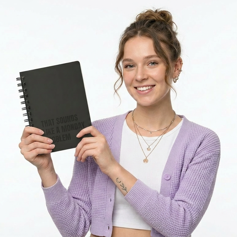 Woman holding a black notebook against a white background